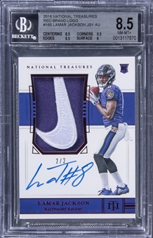 2018 Panini National Treasures Red Brand Logo #165 Lamar Jackson Signed Nike Swoosh Patch Rookie Card (#2/2) - BGS NM-MT+ 8.5/BGS 10